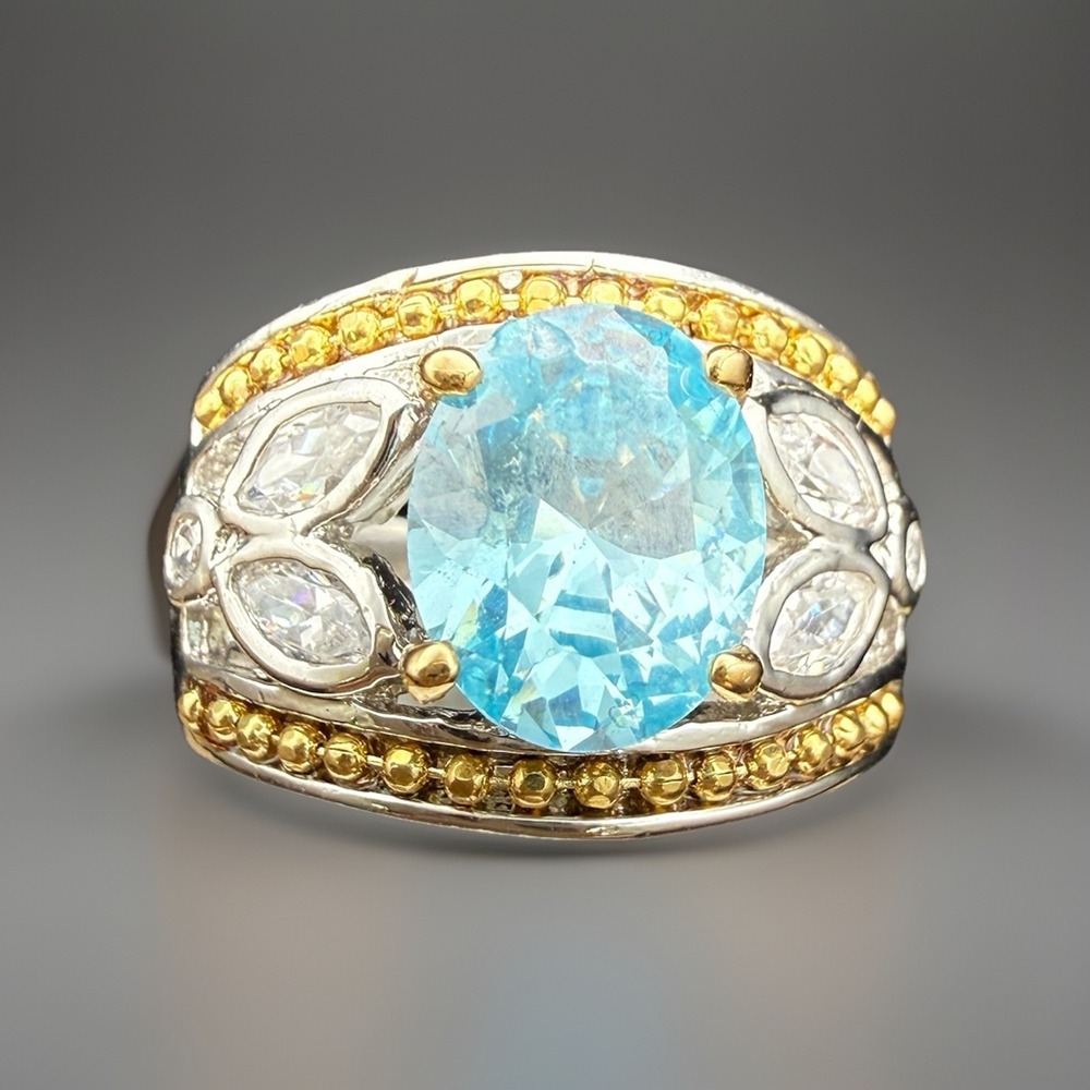 Blue & Clear CZ Silver Tone & Gold Tone Ribbed Wide Band Ring Size 7.5